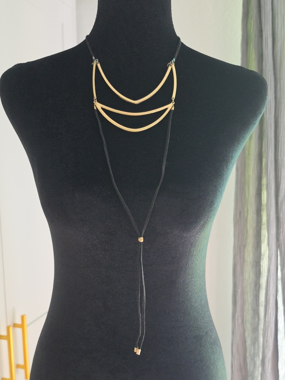 INC International Concepts Black Leather Cord Layered Necklace with Gold Arcs
